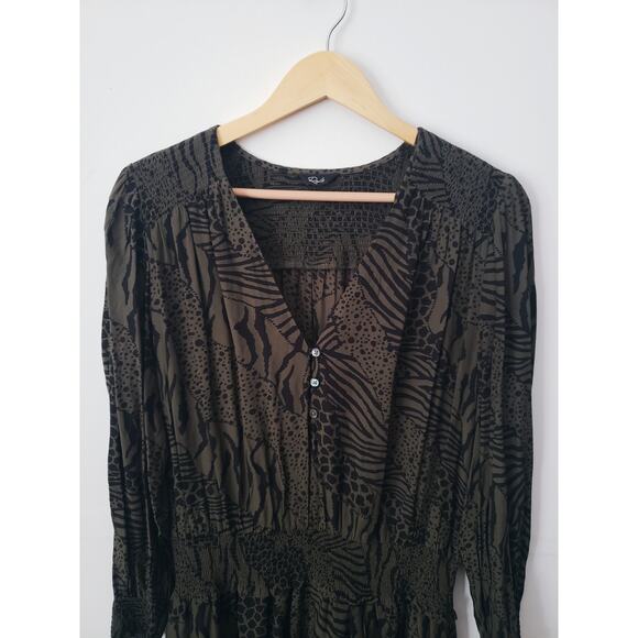 Rails Zana Animal Print Smocked Waist Mini Dress Olive Green Size Large - Picture 4 of 10